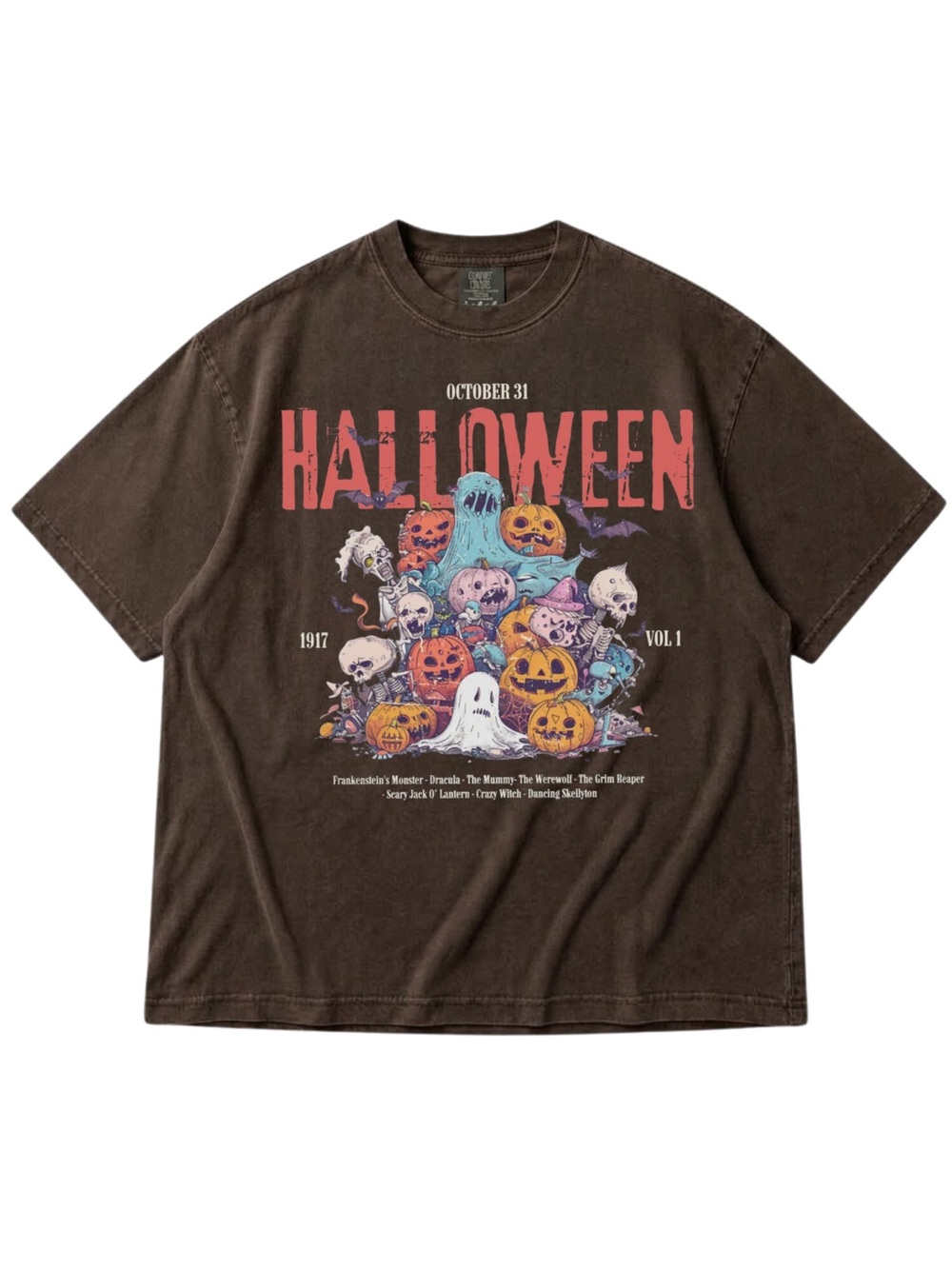 Comfort Colors Espresso Halloween Graphic Tee with Multicolor Pumpkins